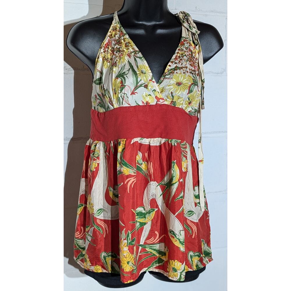 XXI Floral Halter Tank Top Red White Yellow Birds Sleeveless Silk Blouse Small
